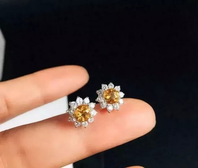 6.00Ct Round Cut Lab-Created 14K White Gold Plated Citrine Flower Stud Earring