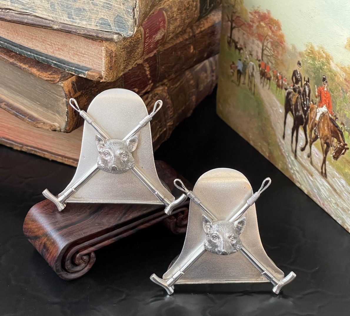 Rare Antique English Sterling Silver Fox Crops Menu Place Card Holder Pair c1906