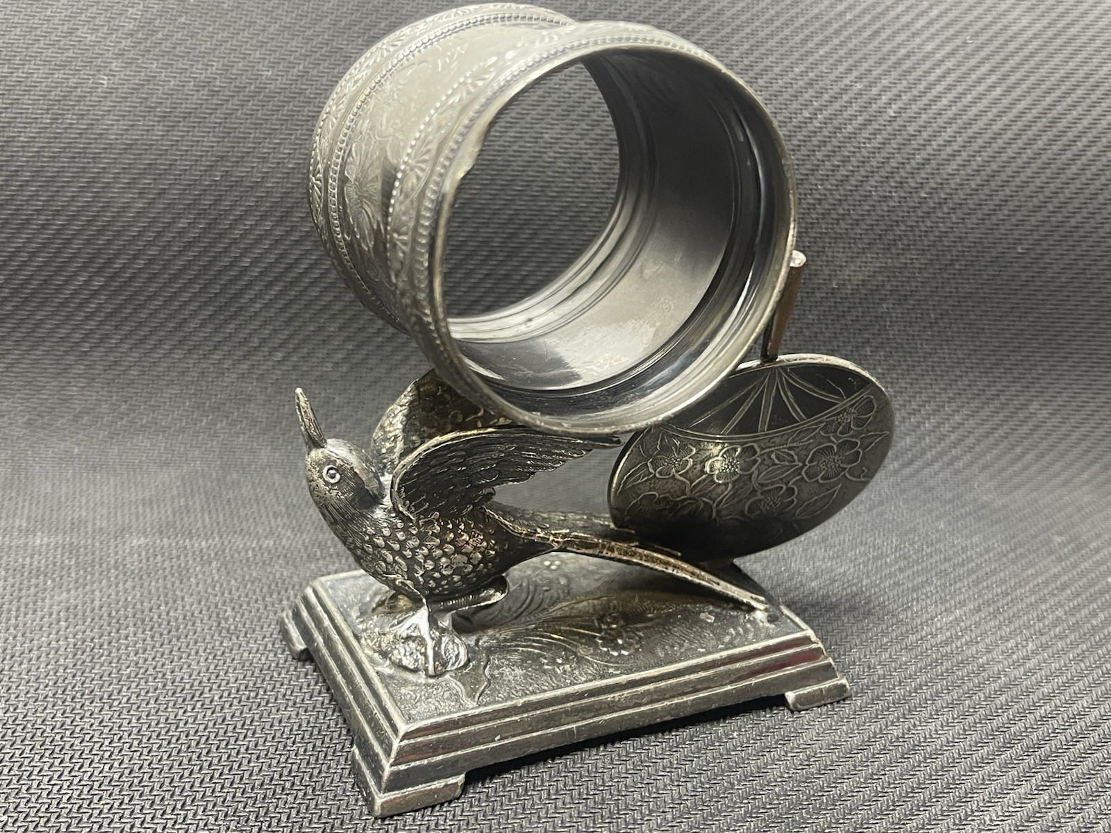 Victorian c1880 Derby Silver Plate #346 Napkin Holder Bird with Ring on Wings