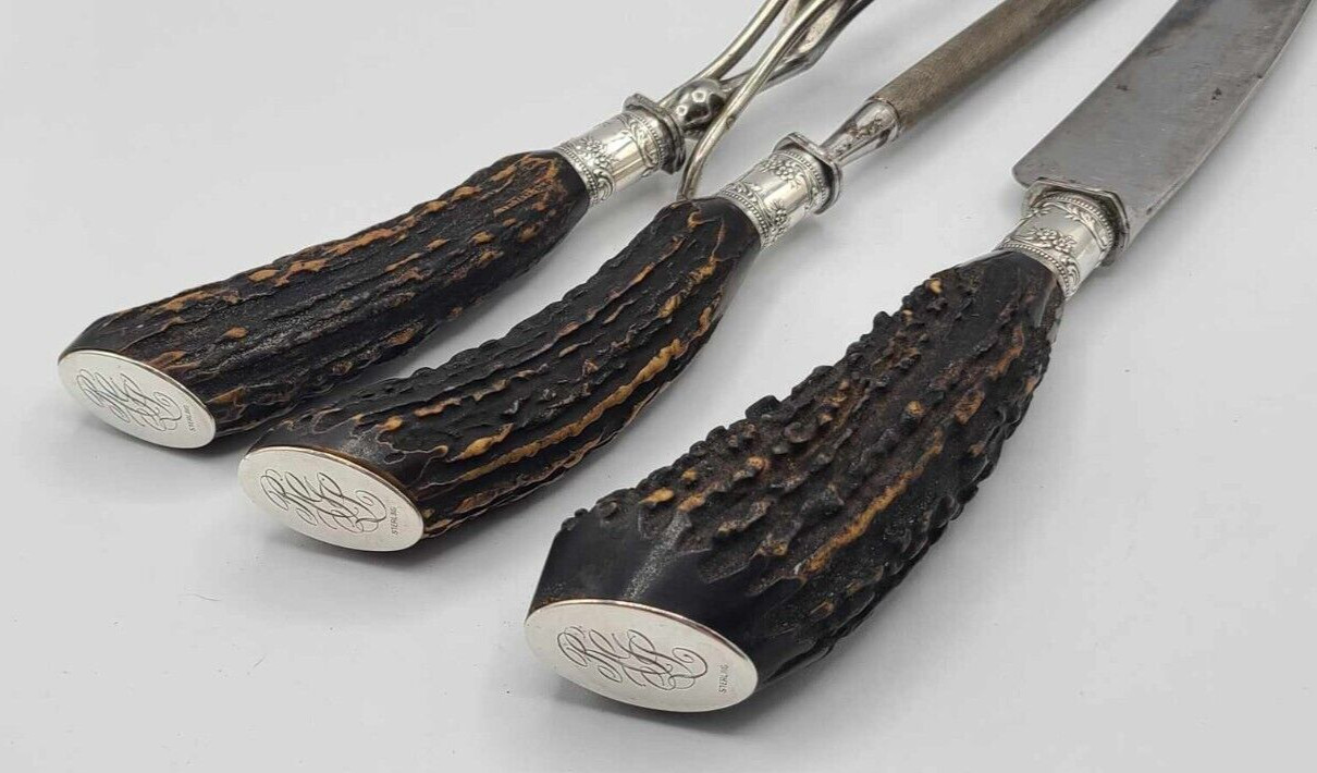 Antique Lamson & Goodnow Sterling Silver & Stag Horn Handle 3 piece Set Monogram
