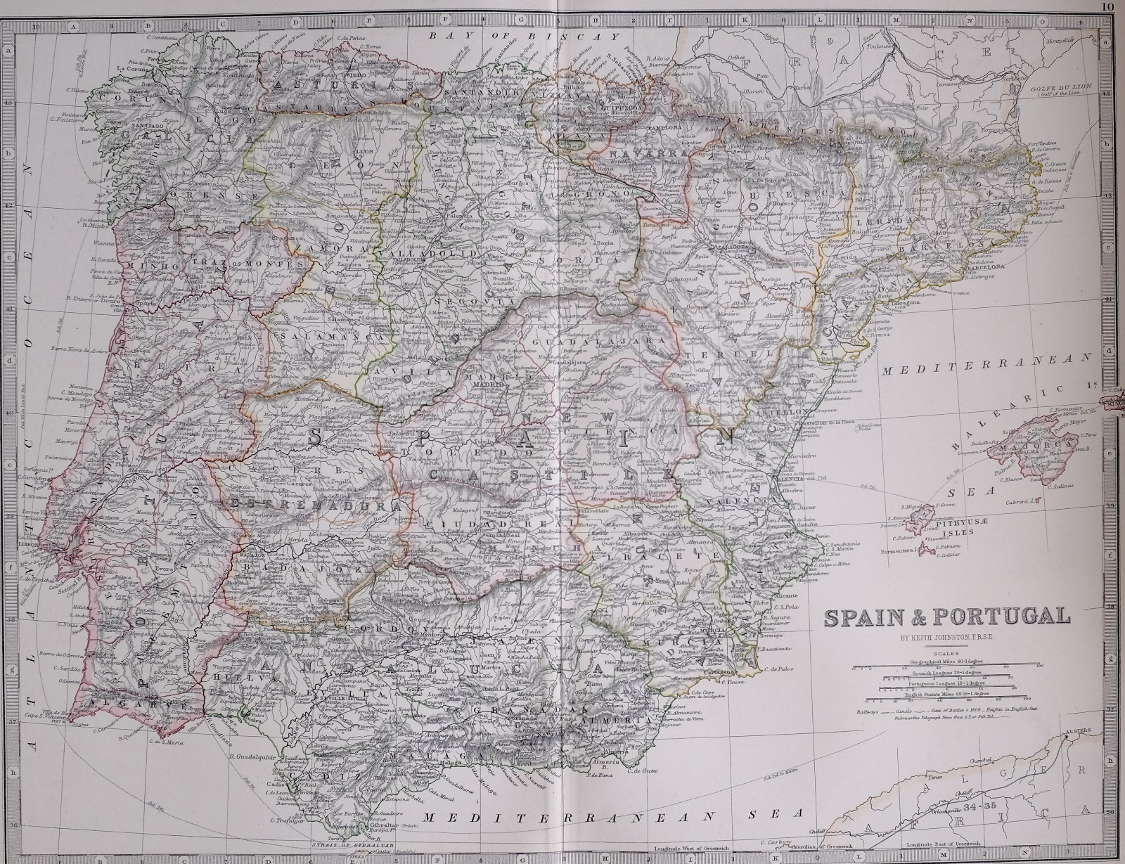 1881 LARGE ANTIQUE MAP SPAIN & PORTUGAL NEW CASTILE ANDALUCIA ESTREMADURA