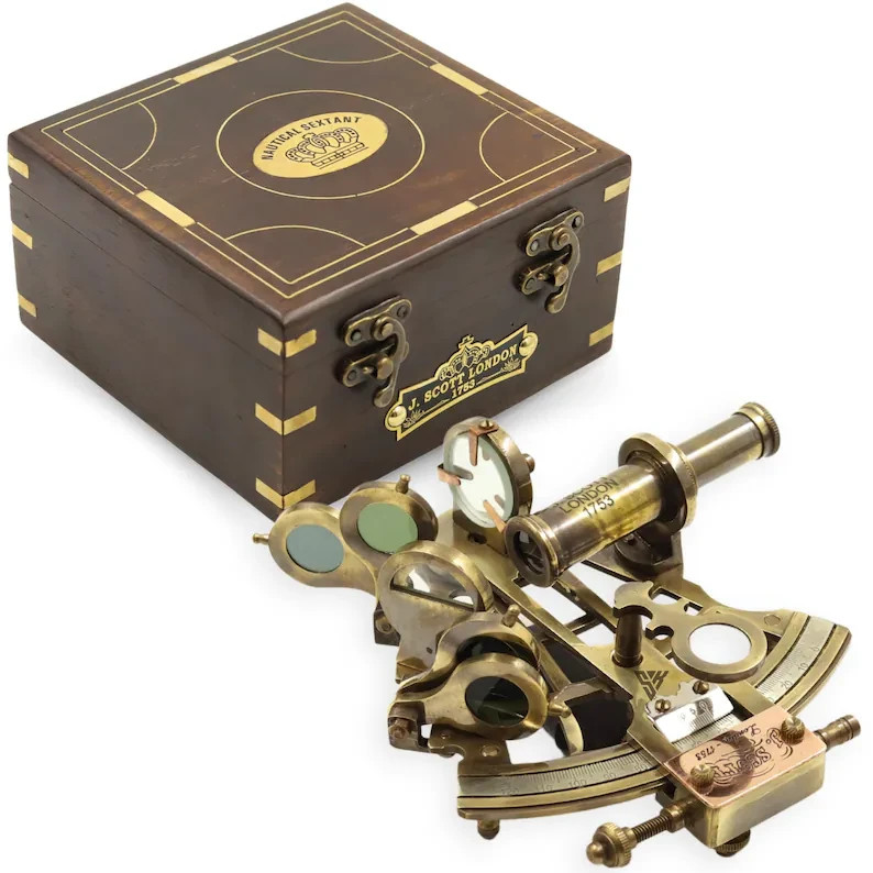 Nautical Antique Brass Working German Marine Sextant w/ Wooden Box Collectible