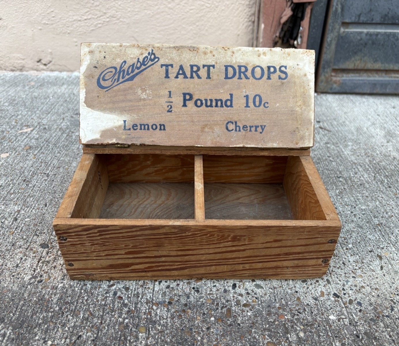 Antique Chase’s Tart Drops Candy Store Counter Display Advertisement Wood Box