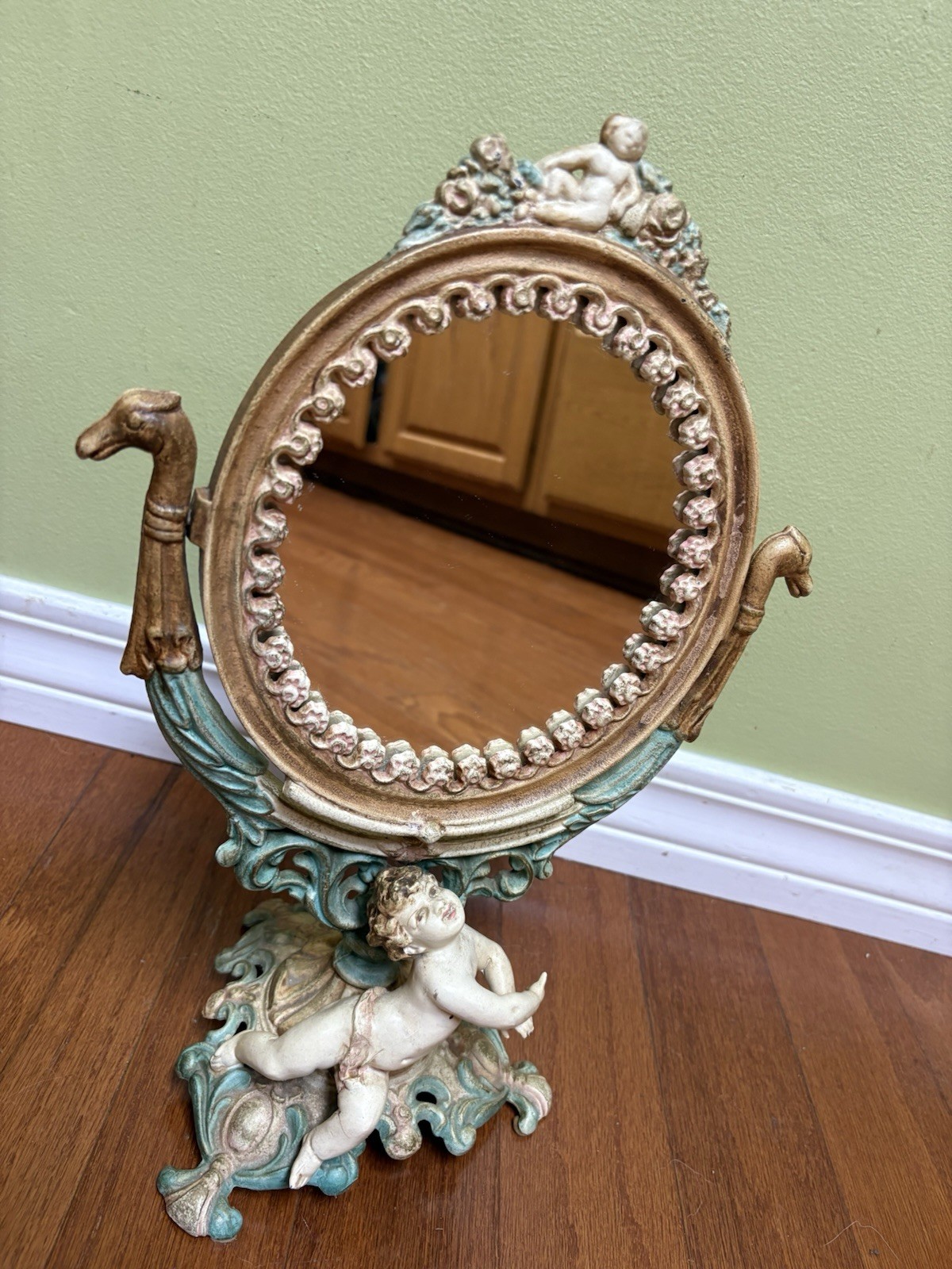 Vanity Mirror Cast Iron Tilting Antique Italian Angel Ornate Unique