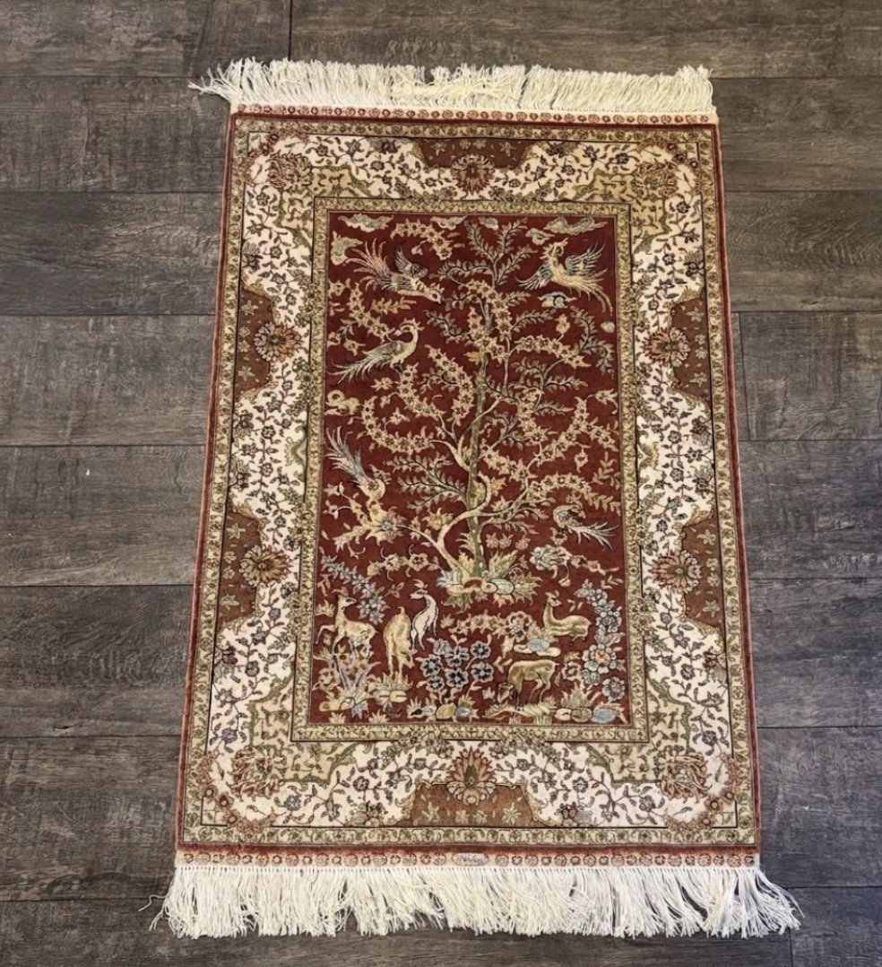 Signed Silk Turkish Pictorial Rug 2×3 Tree of Life Design Wildlife 480 KPSI