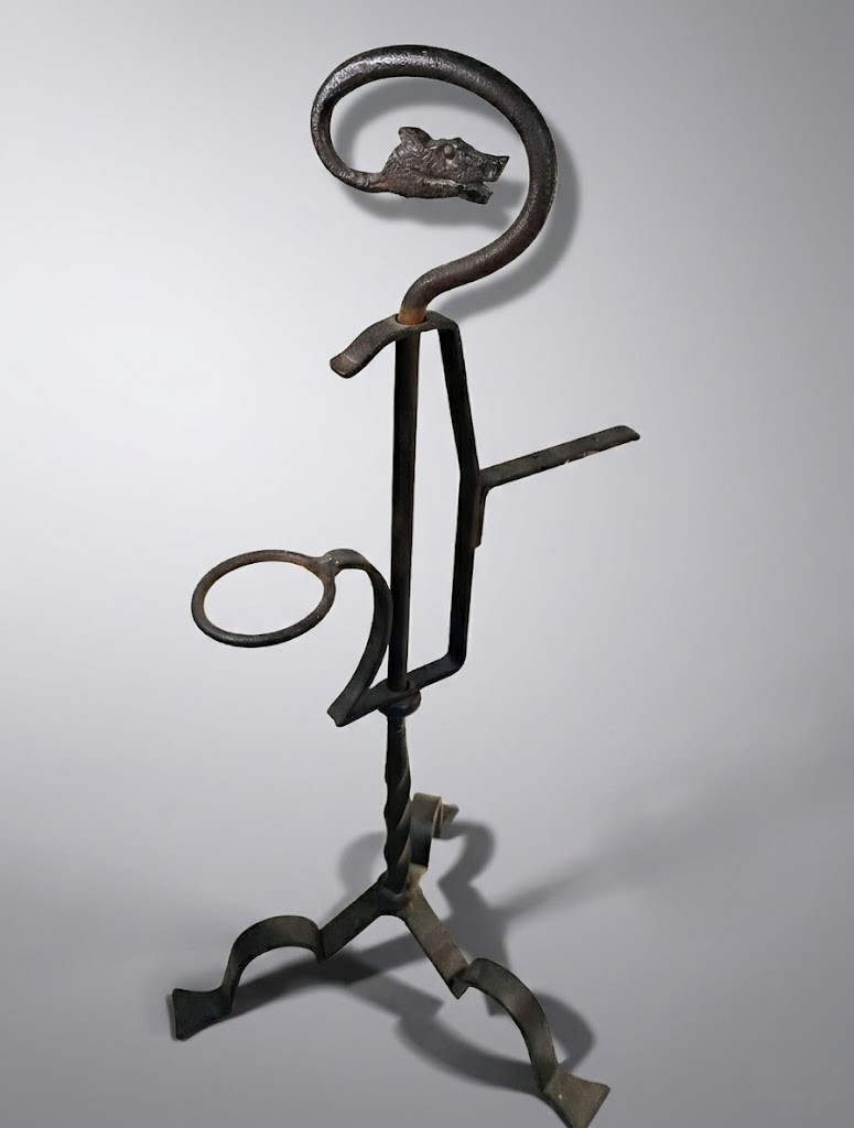 Antique Wrought Iron Rushlight Candle Stand Wolf Head Finial Hand Forged