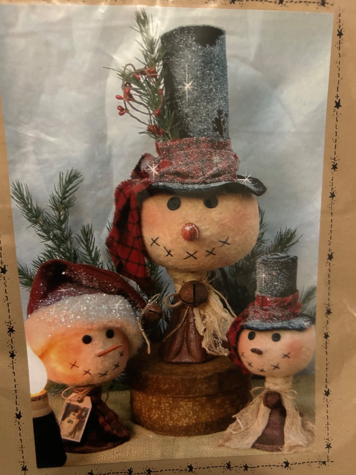 PRIMITIVE SNOWMAN DOLL HEAD ON GLASS CANDLESTICK RUST TECHNIQUE PATTERN ONLY