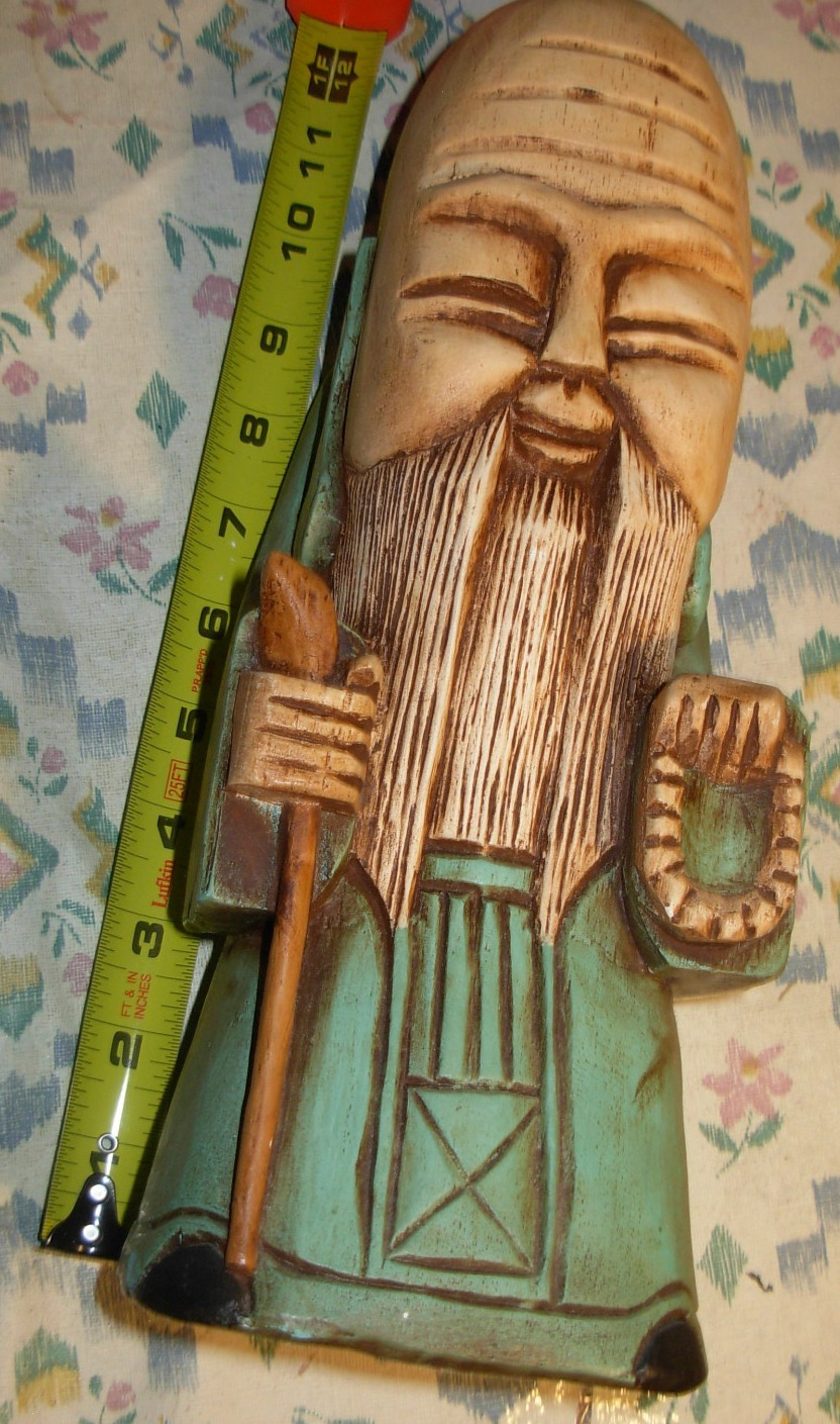 Old 12” Tall Eastern wise Man standing Wood Carved Asian wood art green Bank