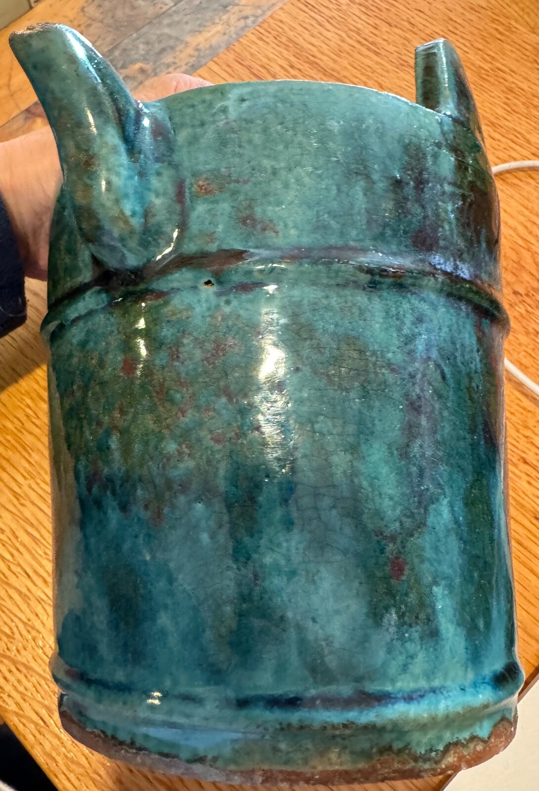 Antique green teapot stoneware pottery Shiwan. Signed on bottom – see photo