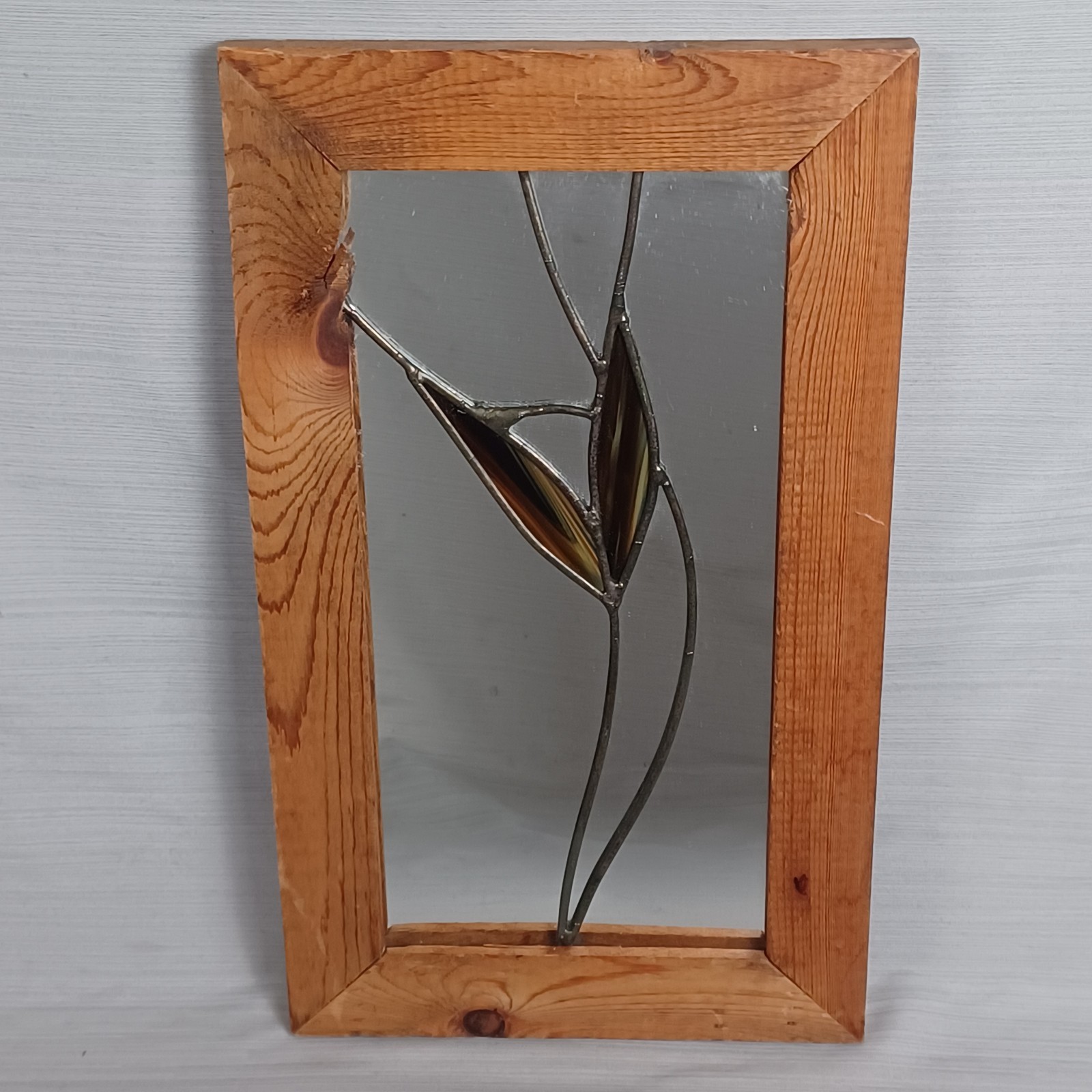 Vintage Stained Glass Tulip Flower Mirror Decor Wood Frame 14.5″x8.5″ Orpheus