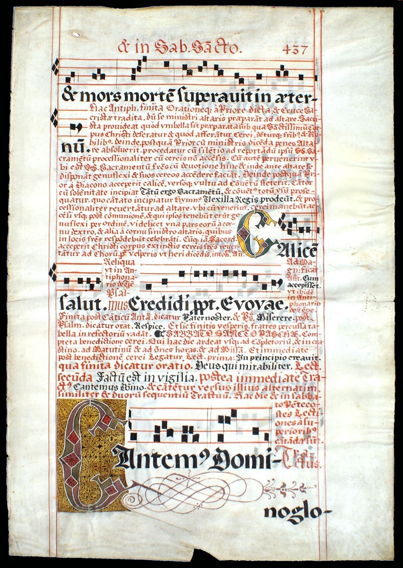 1632 POLAND ILLUMINATED MANUSCRIPT GREGORIAN CHANT MUSIC LEAF, DOMINICAN GRADUAL