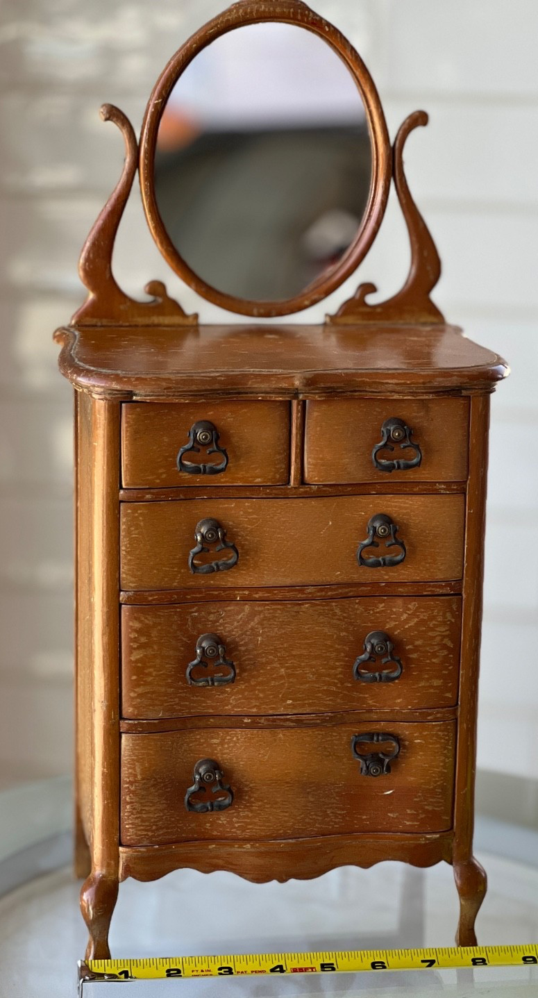 Antique Salesman’s Doll Sample Vintage Highboy Dresser with Mirror 19”x 7 1/2″