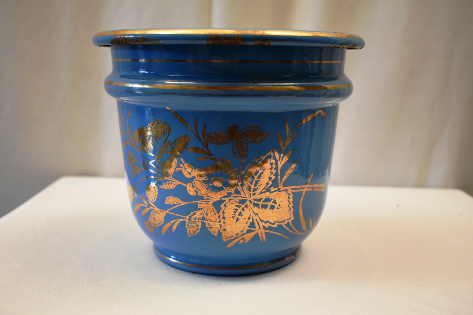 Vintage Czech Enamel Planter Sky Blue Gilt Floral Art Deco Metal Vase Decor “R4