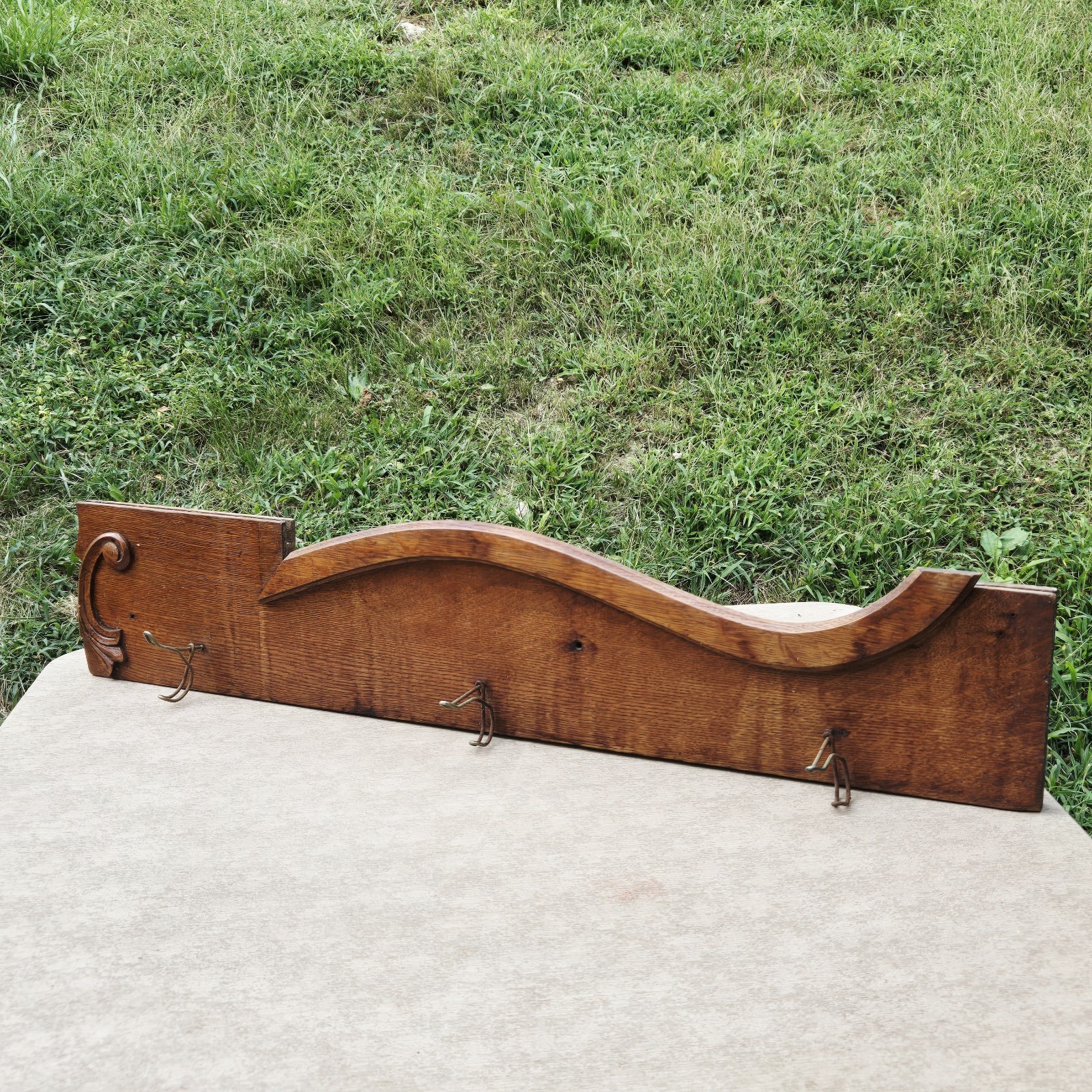 Antique Tiger Oak Wood Coat Rack Wire Hooks Rustic Repurposed Salvaged Wood OOAK