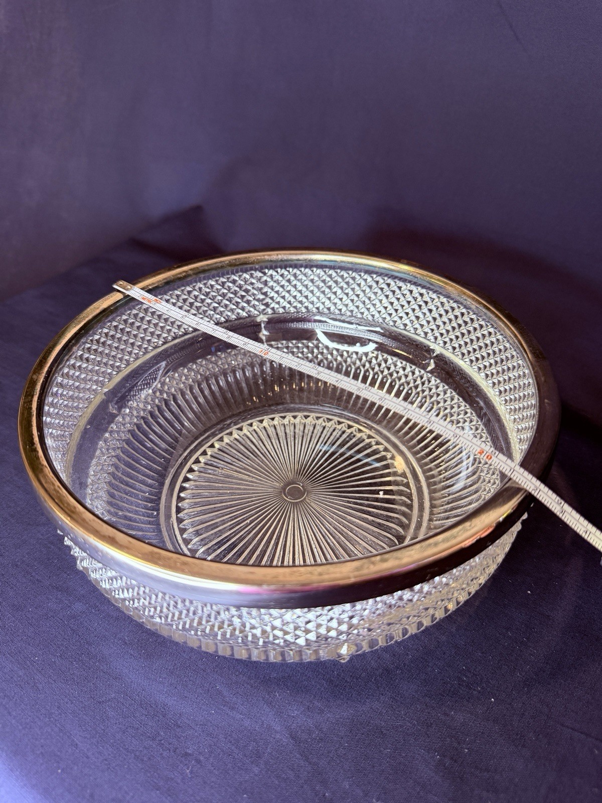 Vintage Falstaff Silverplate Rim Large Pressed Glass Bowl 8.5”D. x 3.5”H