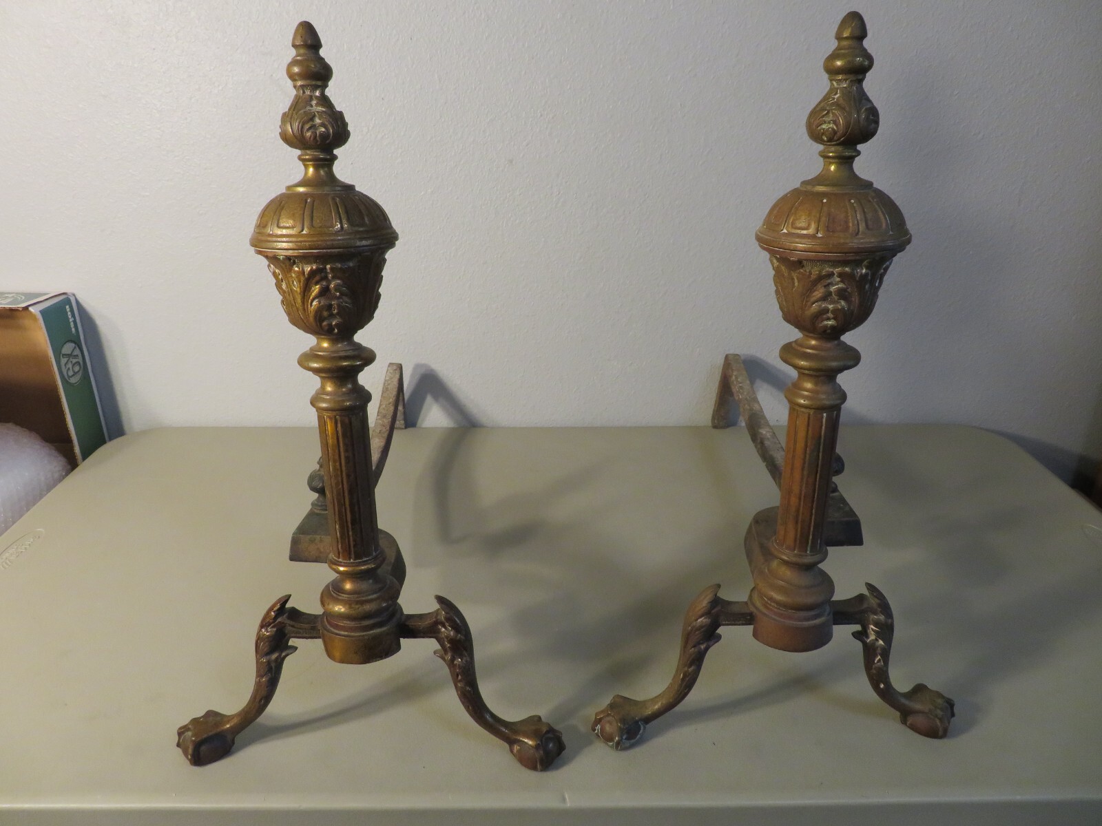 2 – Vintage Brass Bronze Cast Iron Fireplace Claw Foot Victorian Andirons
