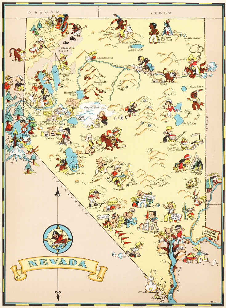 Canvas Reproduction Vintage Pictorial Map of Nevada Print Ruth Taylor 1935