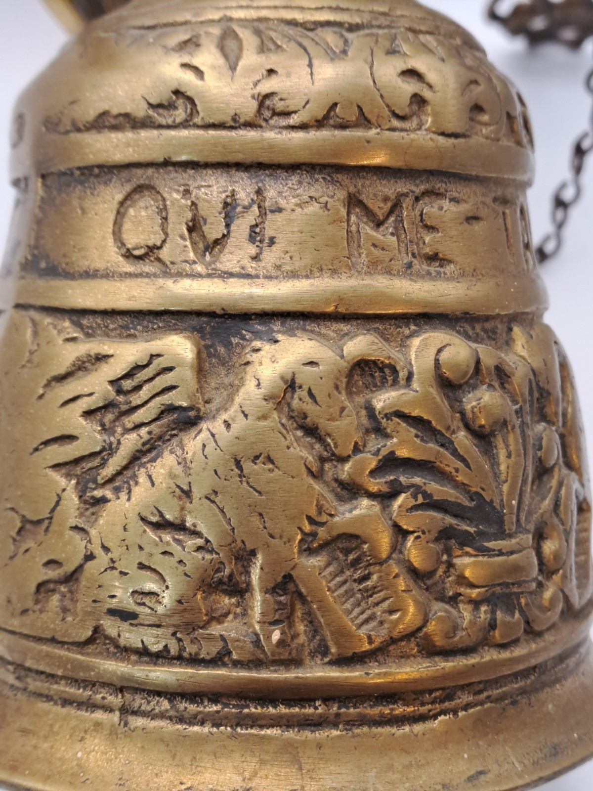 Antique Belgian Bronze Monastery Wall Bell Angel Gothic Latin Inscription c1900