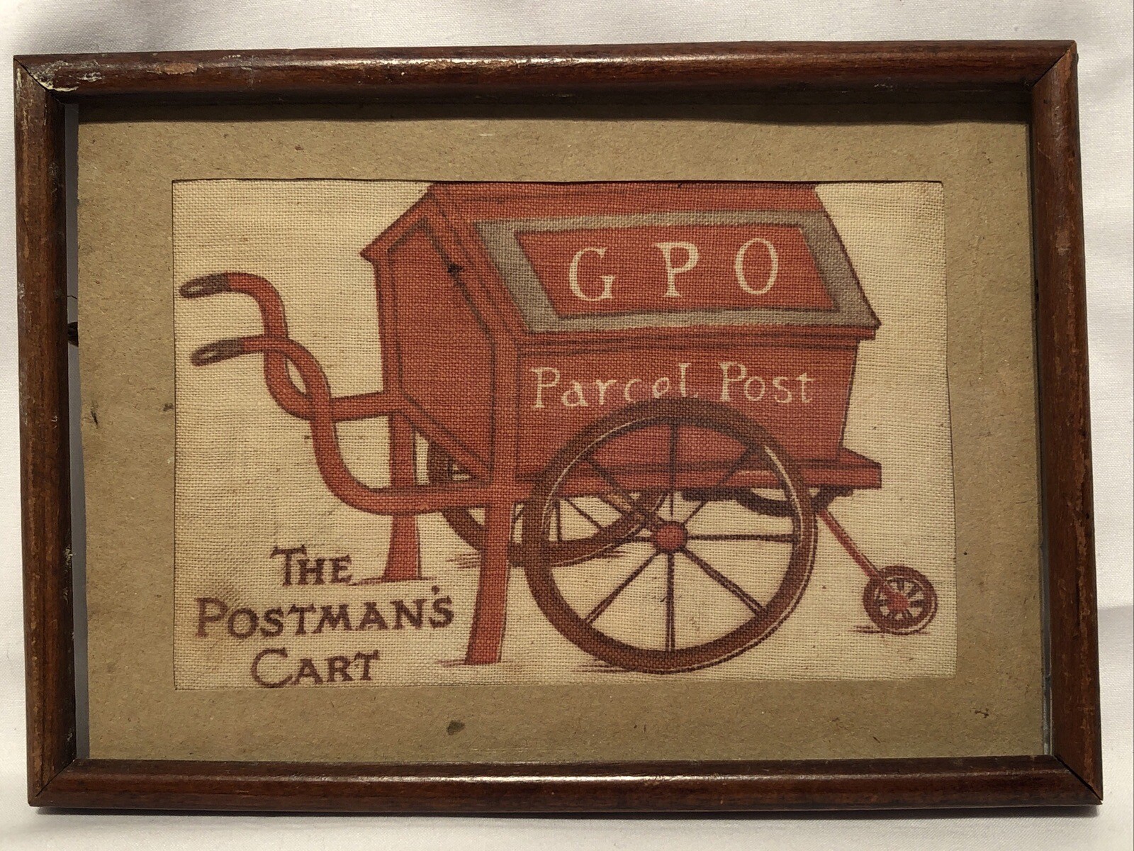 Antique Victorian Primitive British Postman’s Cart Linen Screen Print Painting