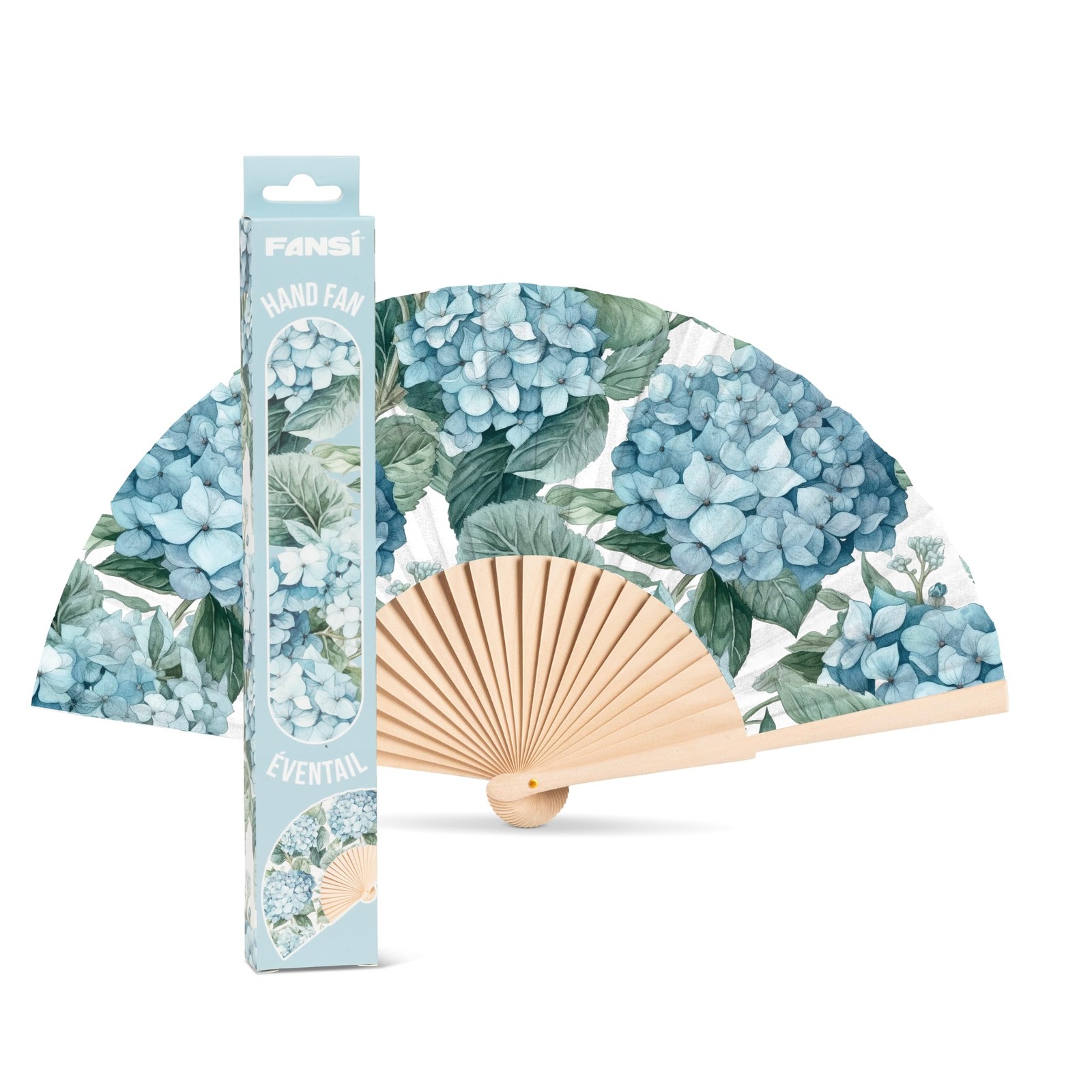 Abbott Collection Hydrangea Folding Hand Fan – Wood/Cotton, Blue/Green (16″W)