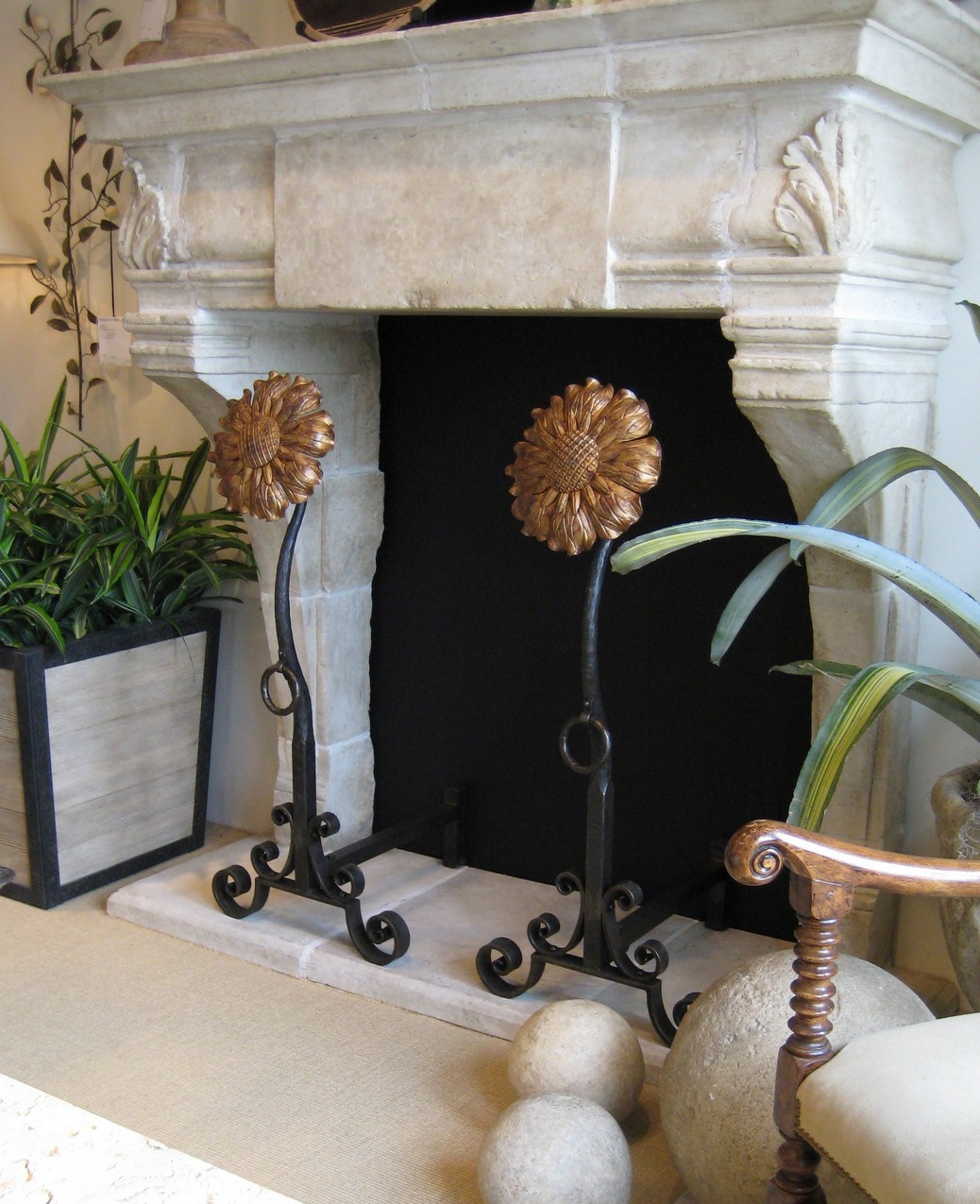 Grand Classically Made, Impressive Size Andirons, Hand Forged Iron Sun Burst 