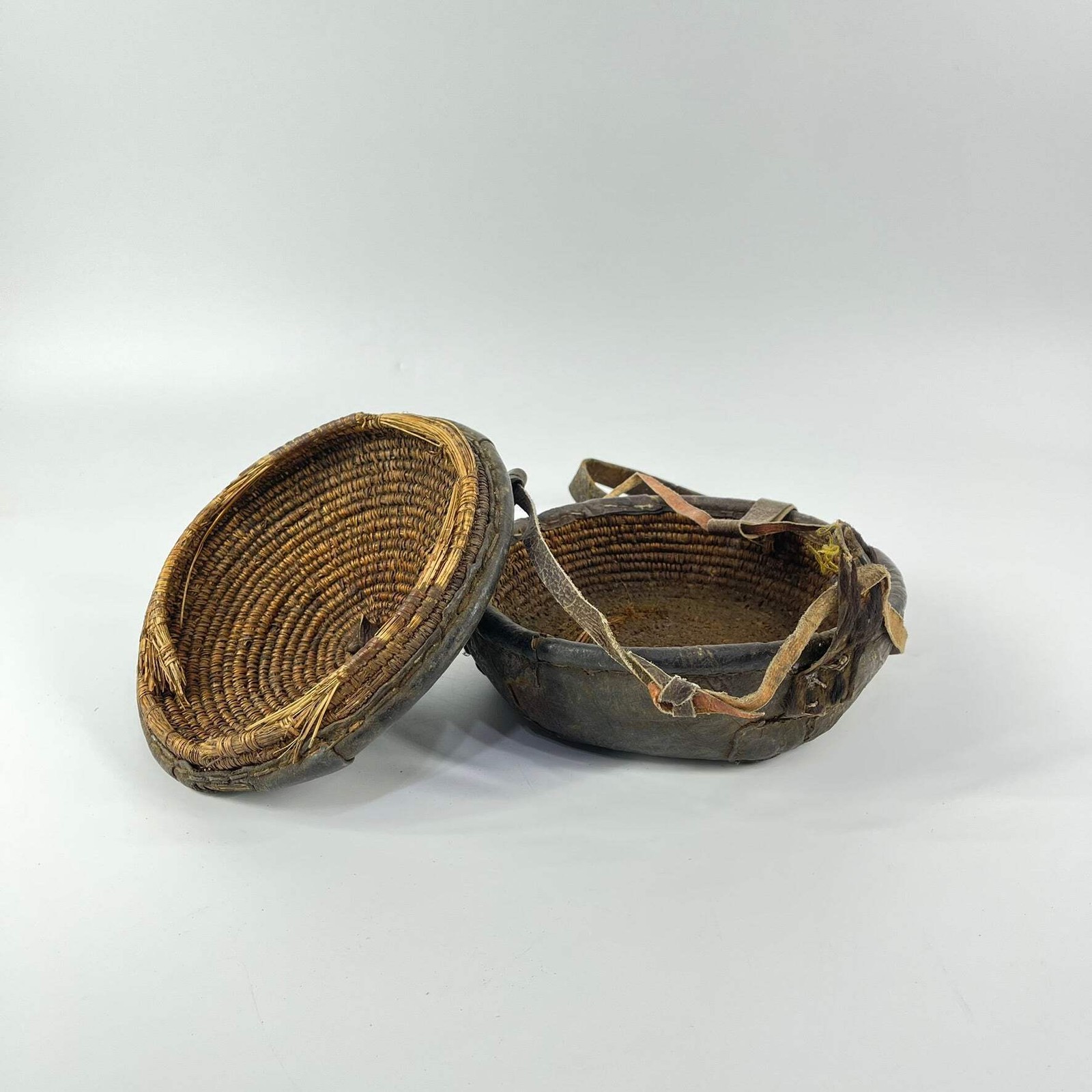 Small Mesob Lidded Leather Wrapped Lunch Basket Ethiopia