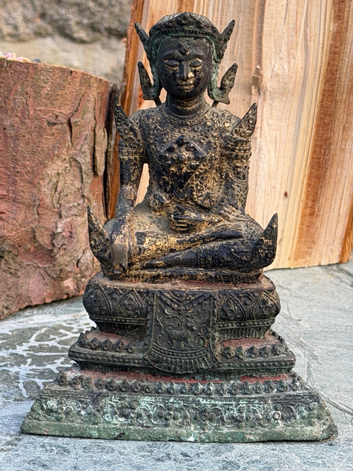 Vintage Thai Bronze Crowned Buddha Statue Ayutthaya Style Gilded Verdigris 16cm