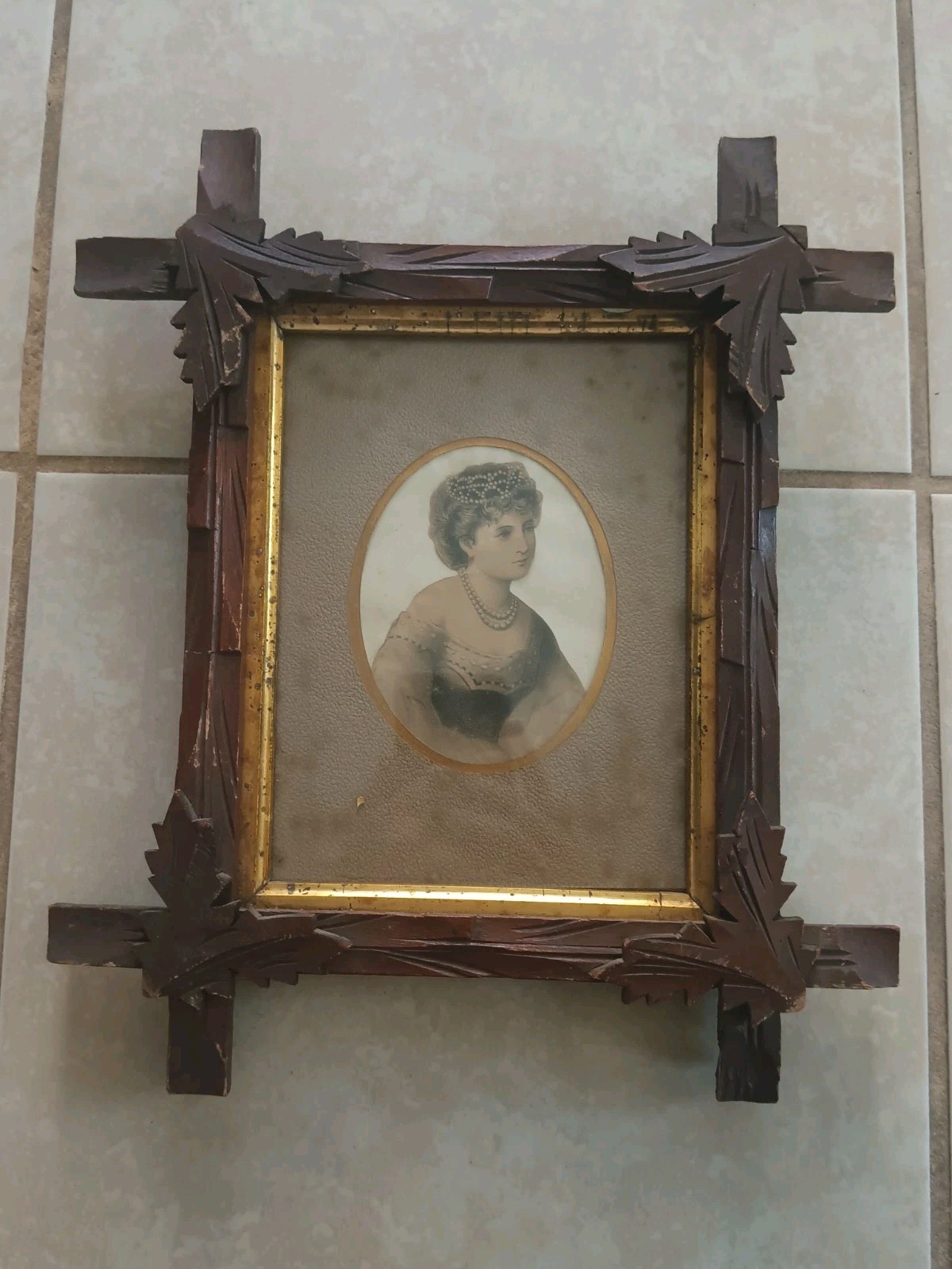 Antique Primitive Wooden Adirondack Frame w/ Lithograph