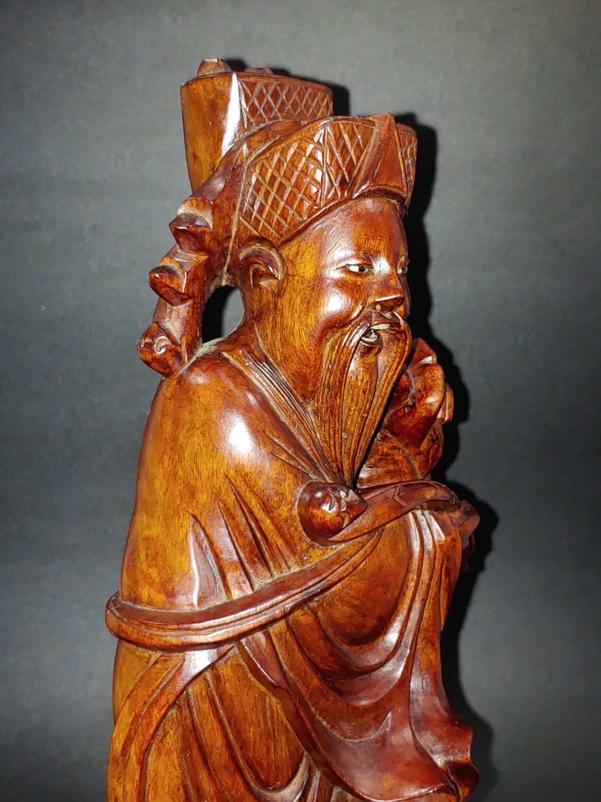 花梨红木雕挂漆文曲星像 Antique Chinese Lacquer Rosewood Hongmu Carving Wenquxing Figurine