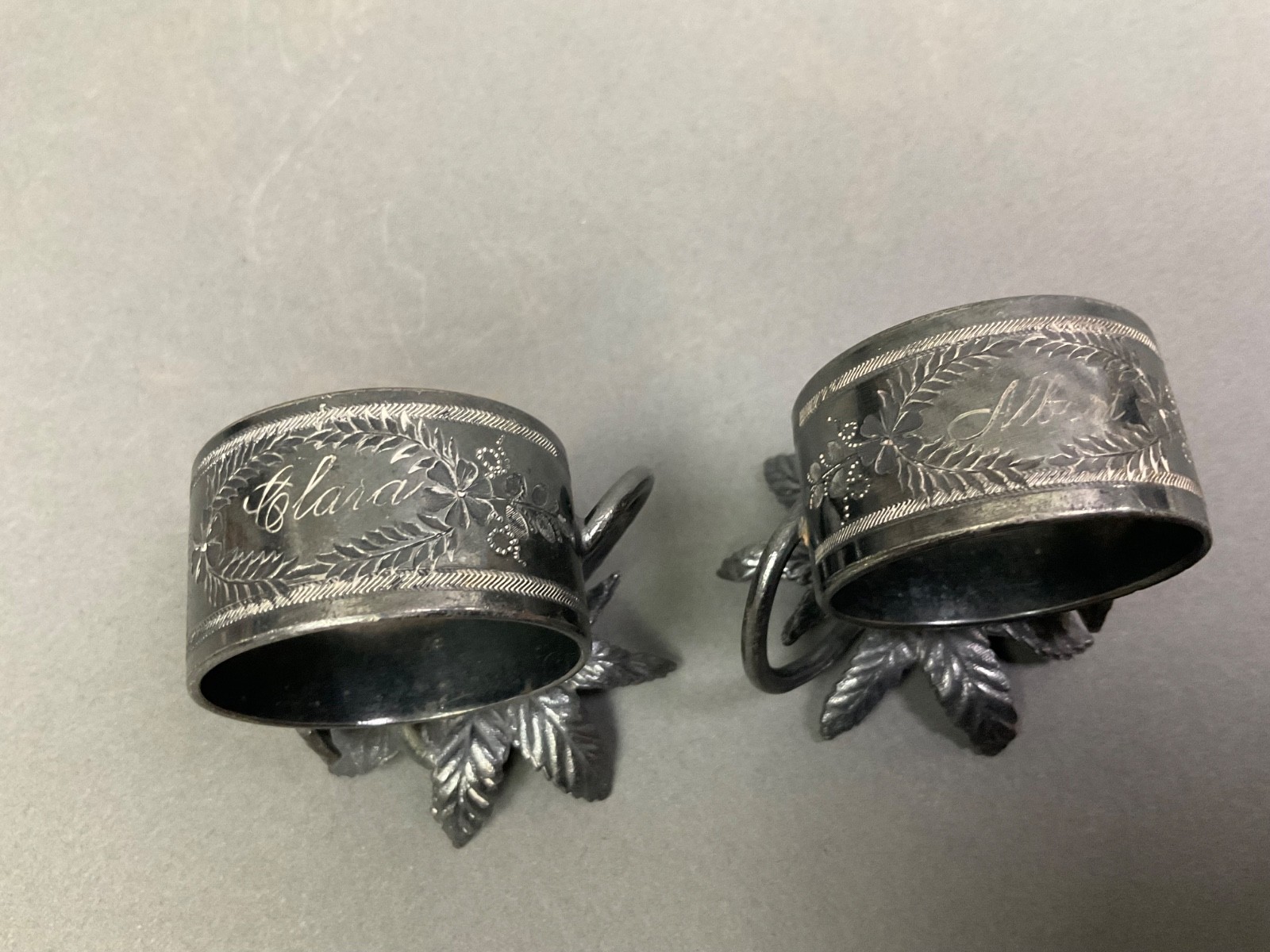 Pair ANTIQUE NAPKIN RING HOLDERS Figural Flower Silver Plated Monogrammed