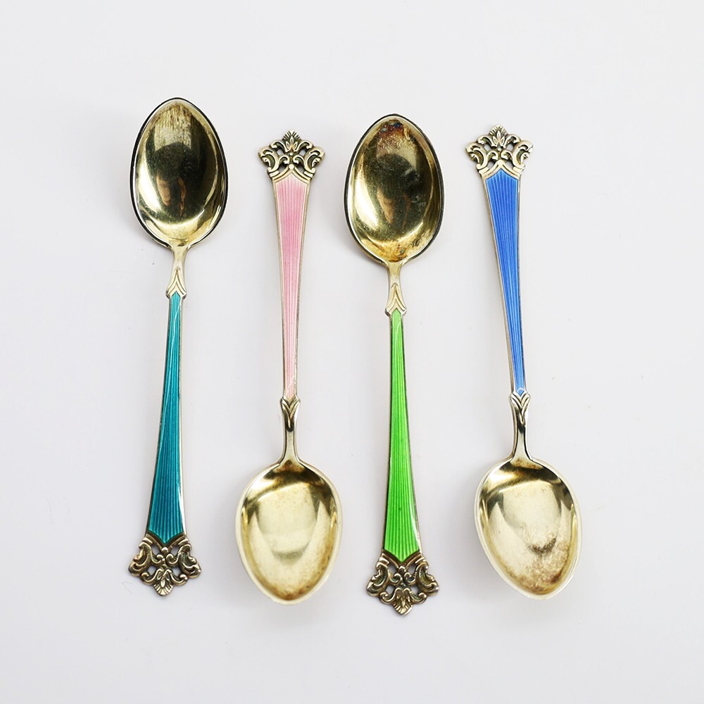 Vintage Set of 4 Magnus Aase ‘Anitra’ Guilloche Enameled Demitasse Spoons