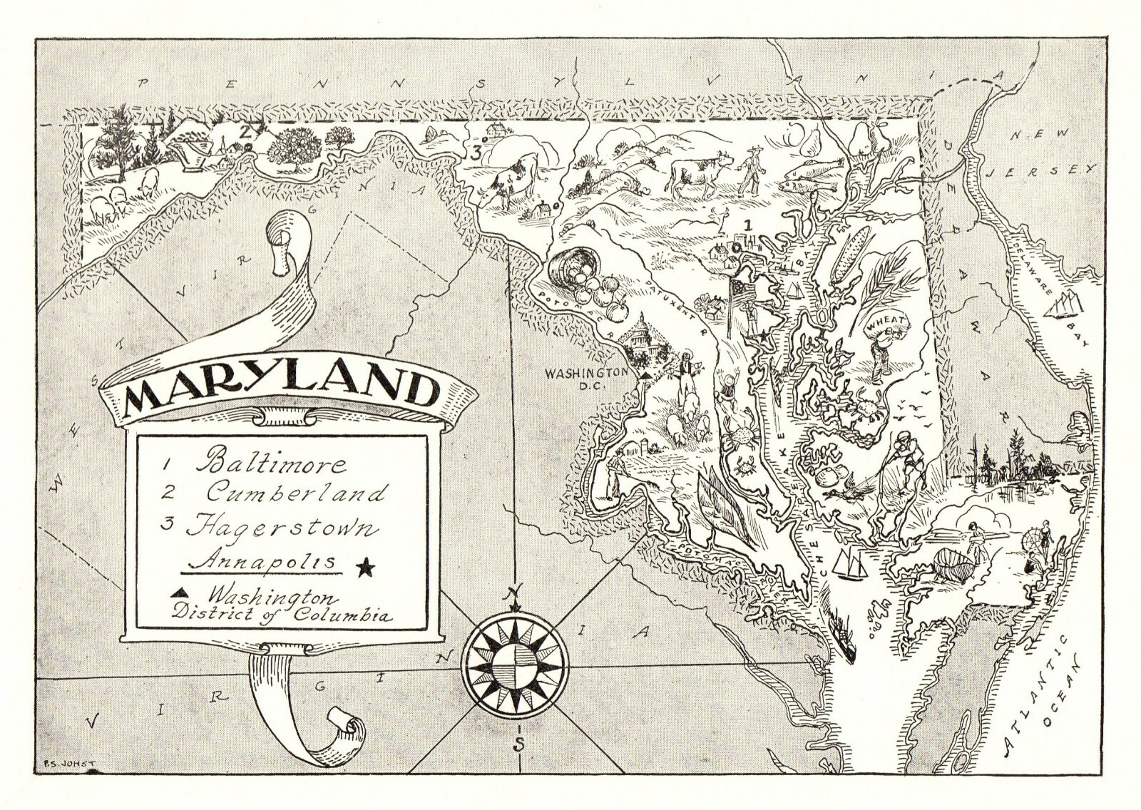 1950s Vintage MARYLAND State Map Animated Maryland Picture Map BW 6809