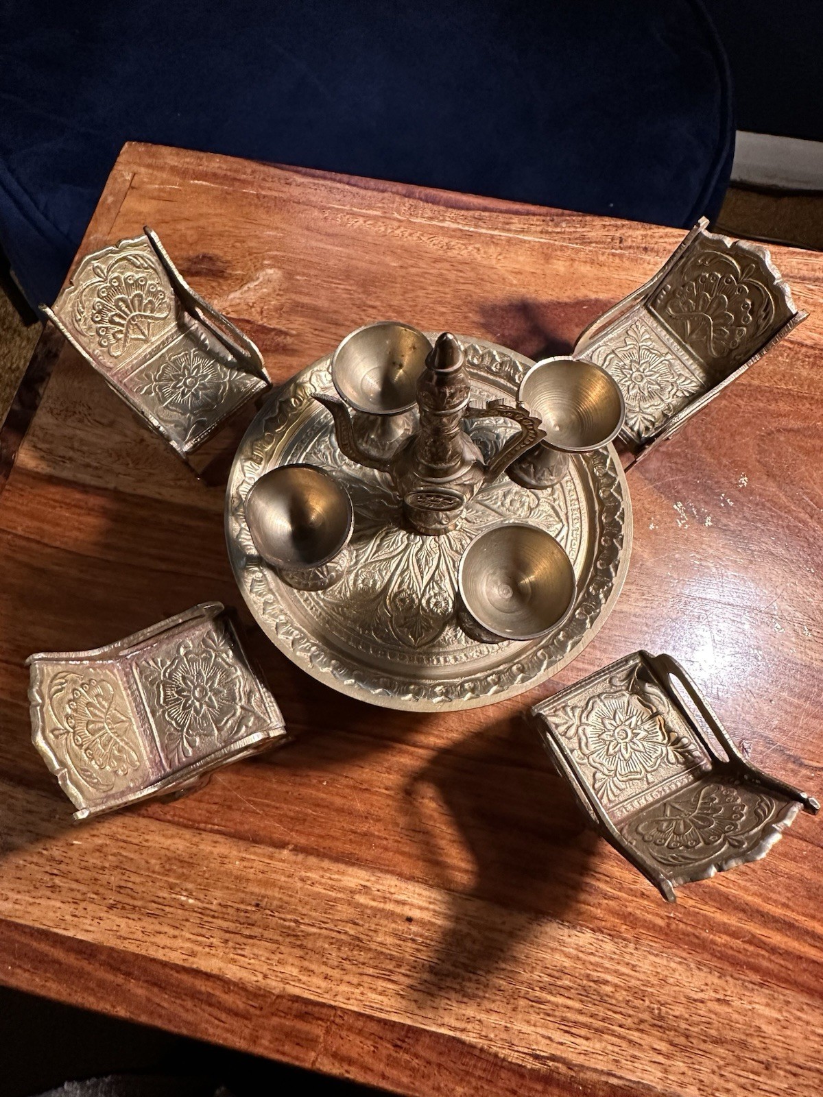 Vintage Brass Miniature Middle Eastern Coffee Table Set With Chairs & Goblets