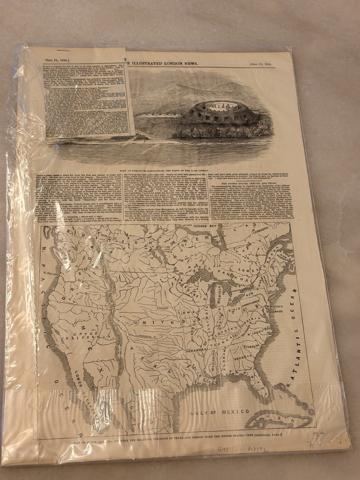 Antique London News Page 1845 Map of North America, Americans Claim Oregon Terr.
