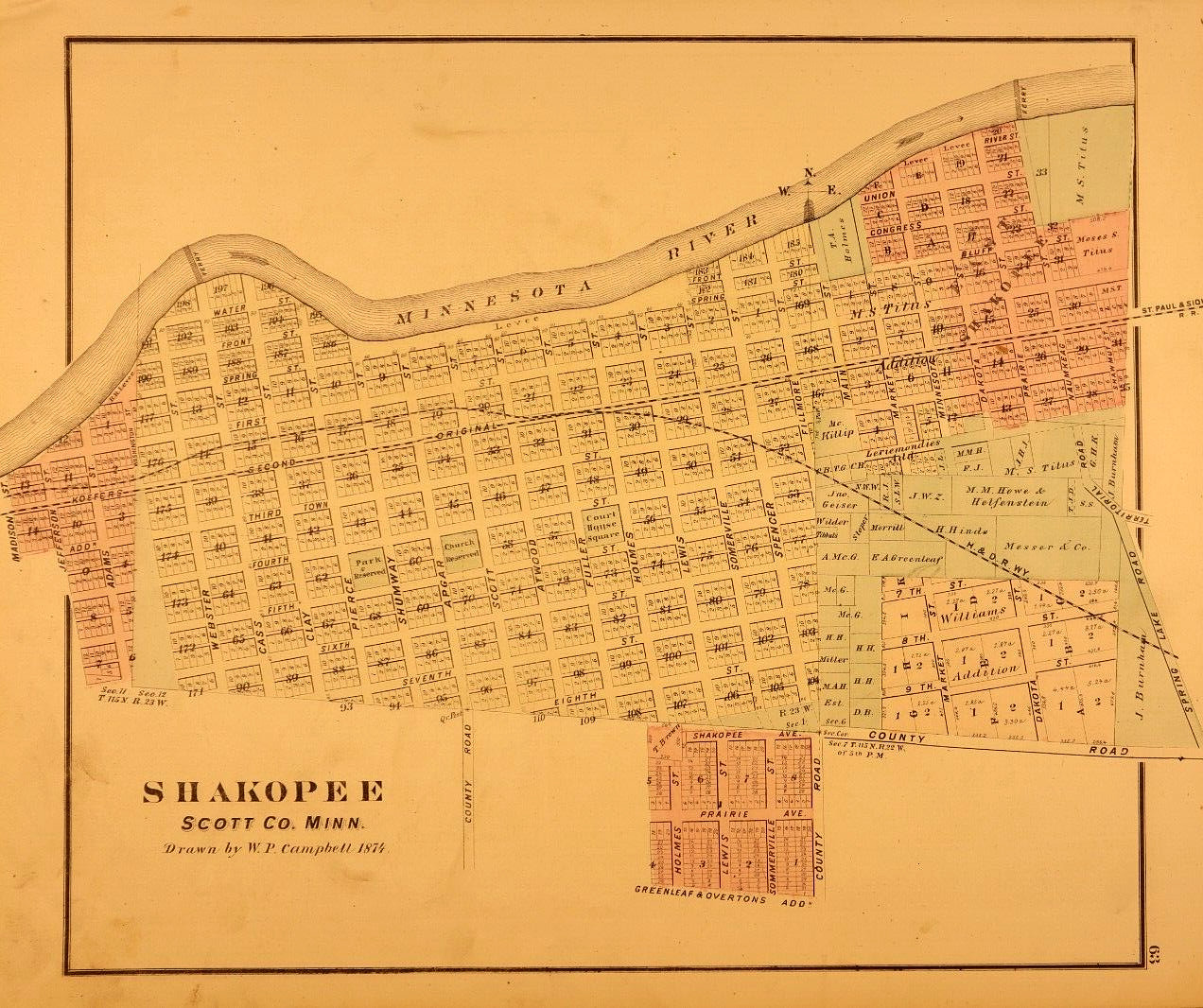 1874 Plat / City Map ~ SHAKOPEE, MINNESOTA / SCOTT Co. on Reverse (14×17)-#11