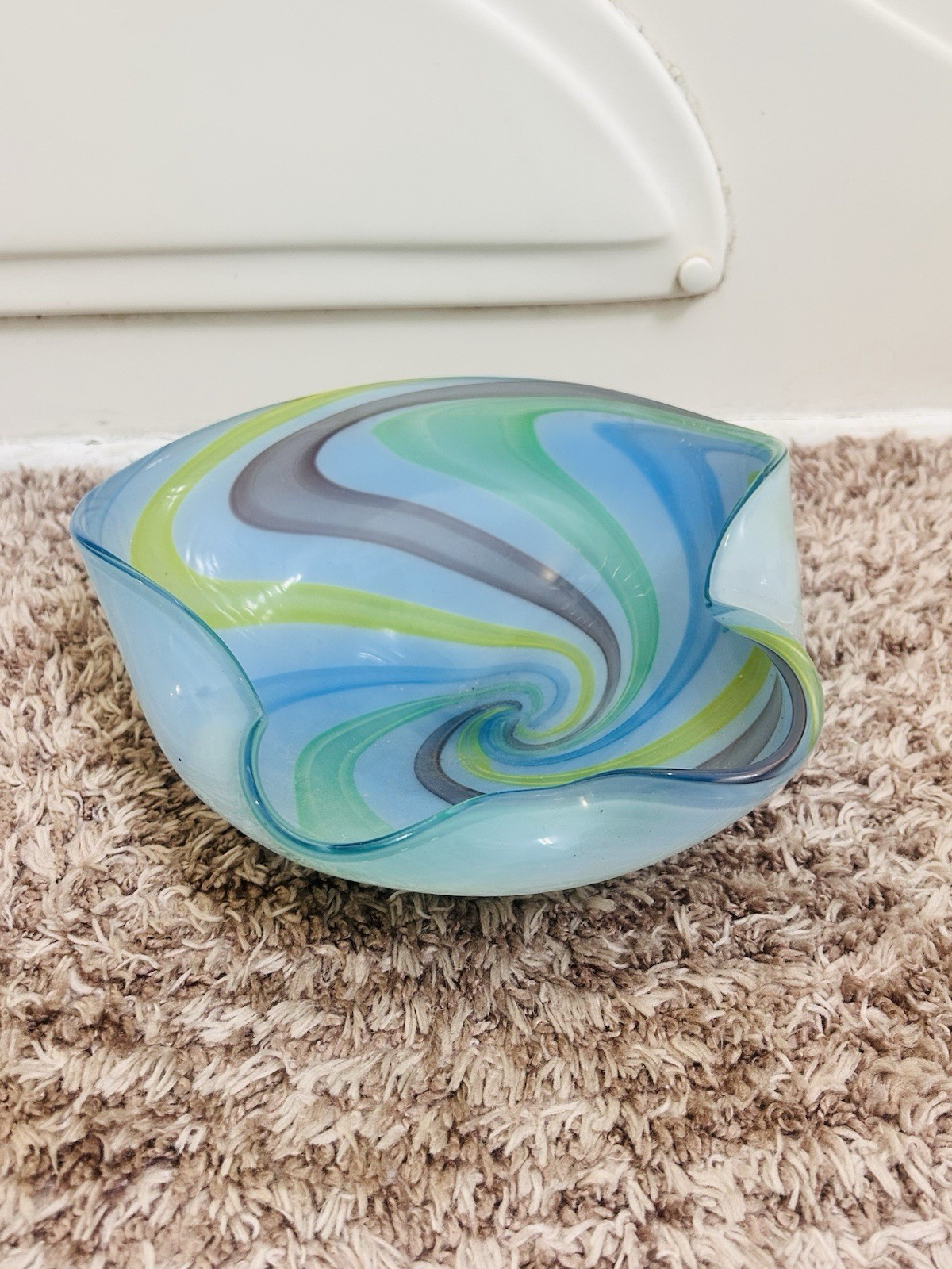 Vtg Venini Style Stripe And Swirl Blue Green Purple Murano Glass Abstract Bowl