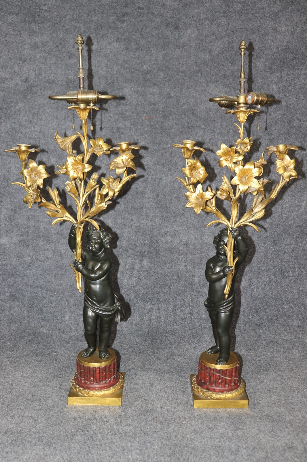 Pair 19th C Bronze Dore’ Cherubs Table Lamps Candelabra Manner Henry Dasson