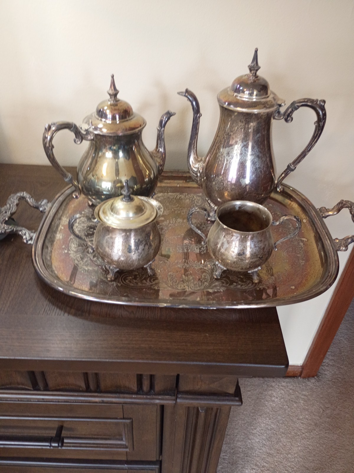 Vintage SHERIDAN SILVER PLATED COFFEE & TEA SET W/TRAY, complete set