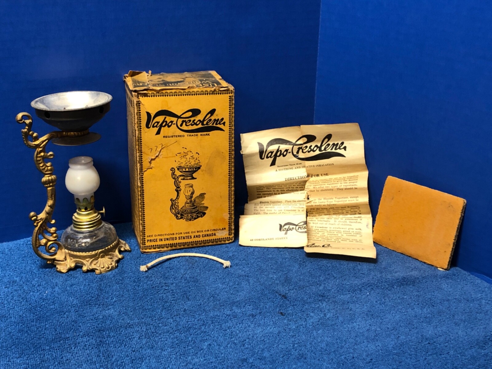 VAPO – CRESOLENE Mini. Lamp ORIGINAL Glass Font, Chimney, Wick, Box+Inst. NOS ?