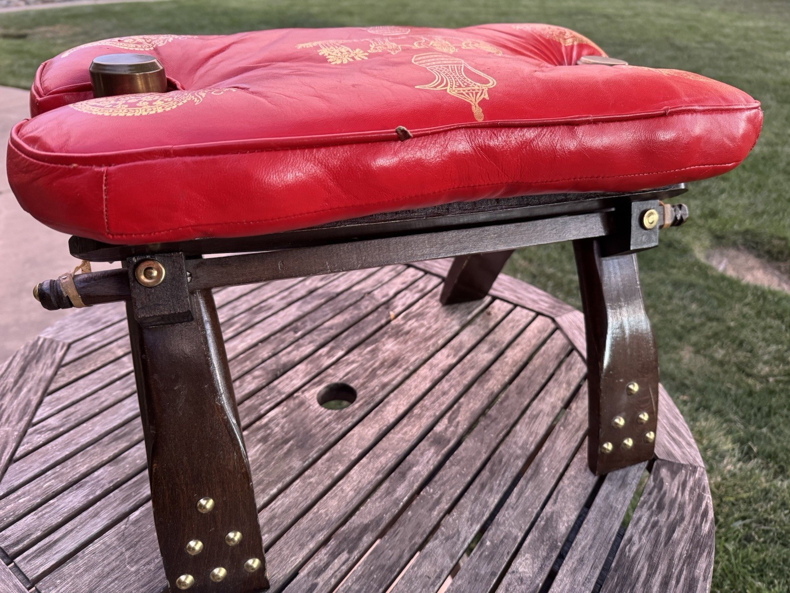 Vintage Egyptian Decor Red Camel Saddle Stool Studded Wood Leather Like?