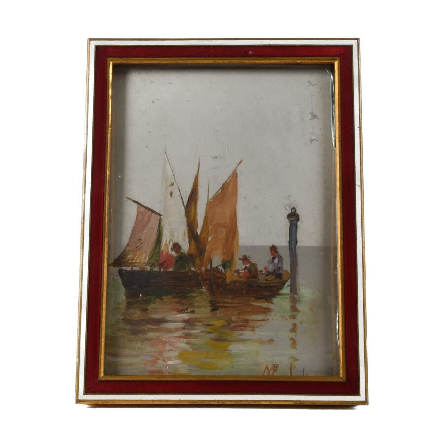 Signed Brass and Enamel Framed Painting on Tin Depicting Chinese Seascape