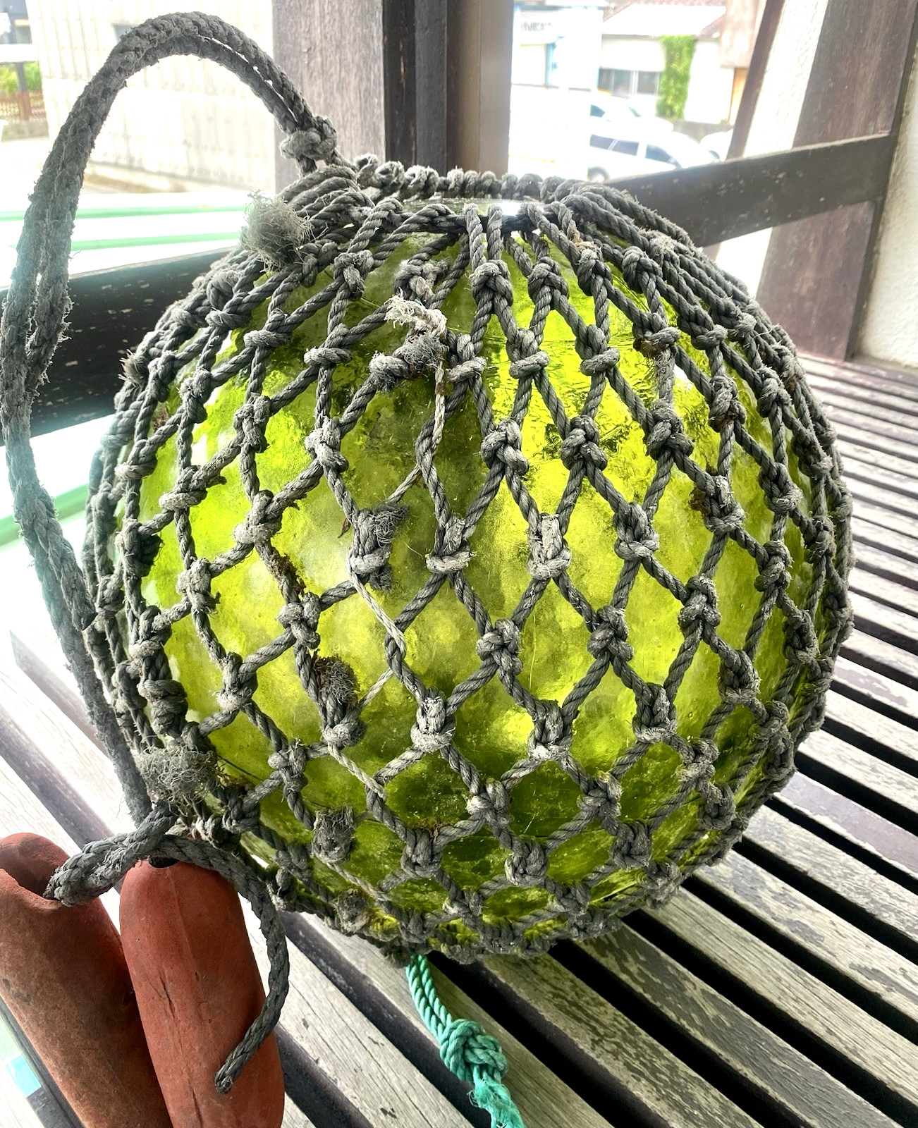 Huge 16.3″ Japanese Glass Fishing Float Olive Green w/ Net & Original Floats
