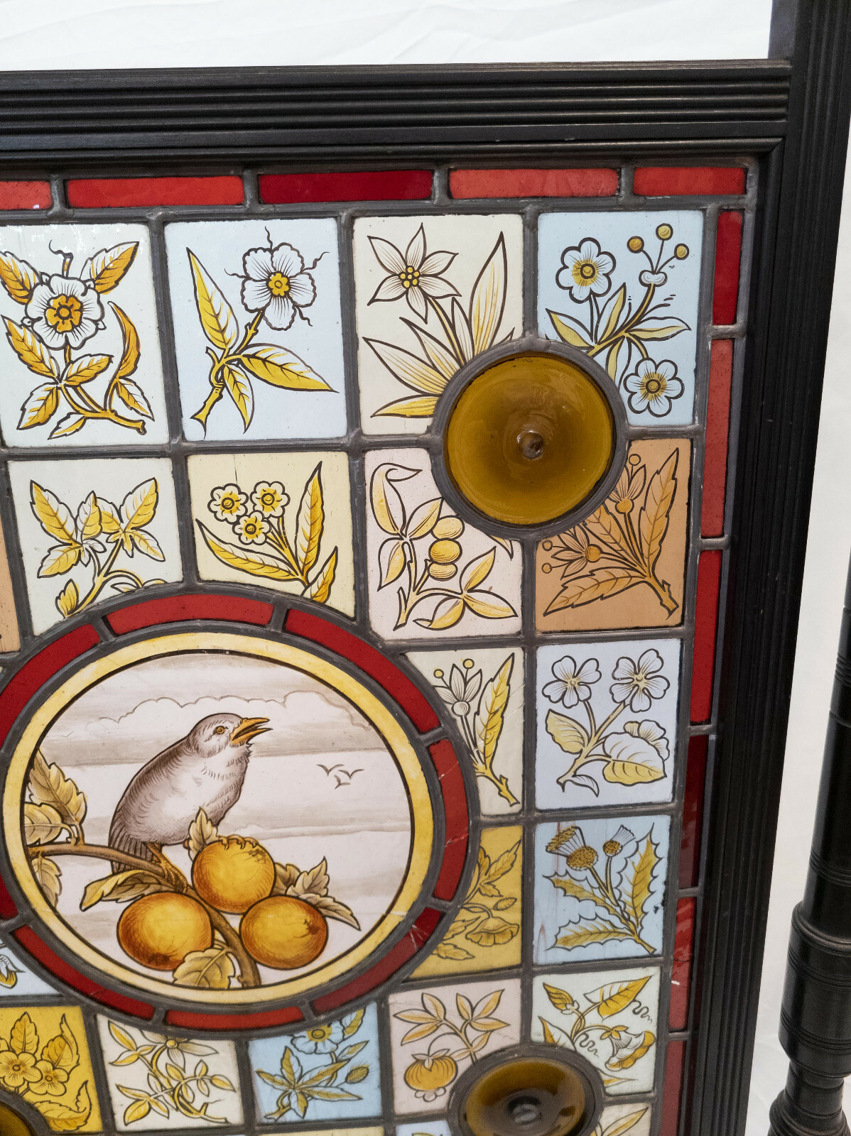Antique Victorian Aesthetic Stained Glass and Ebonized Wood Fire Screen
