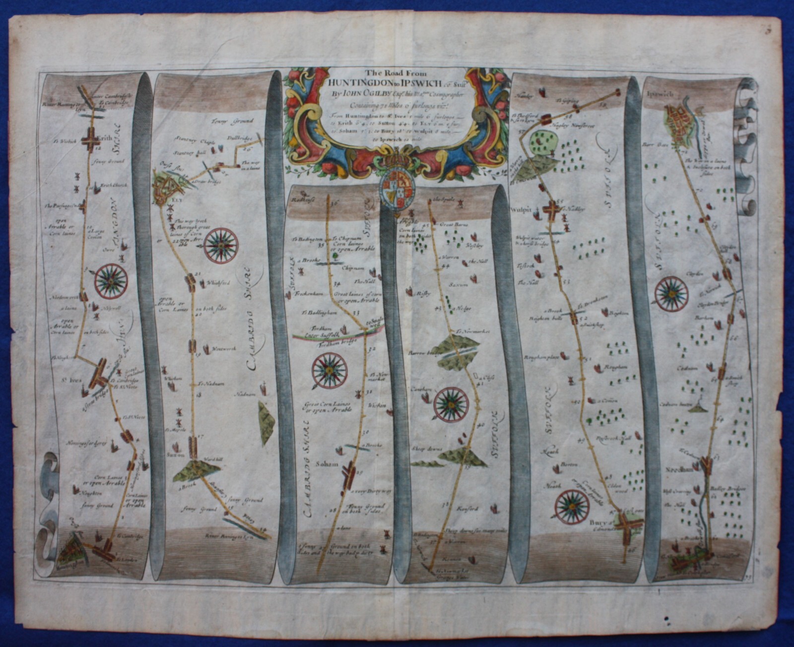 OGILBY original antique road map, HUNTINGDON, ELY, IPSWICH, Plate 73, c.1675