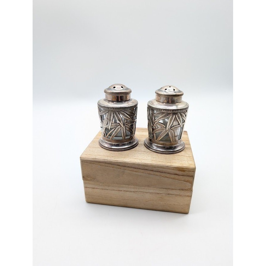 Vintage Japanese Sterling 950 Silver Bamboo Caged Glass Salt & Pepper Shakers