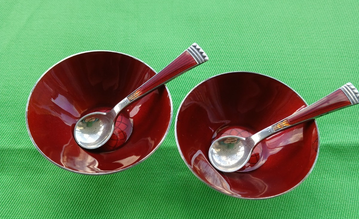 Ela Denmark 925S silver and enamel salt bowls with spoons