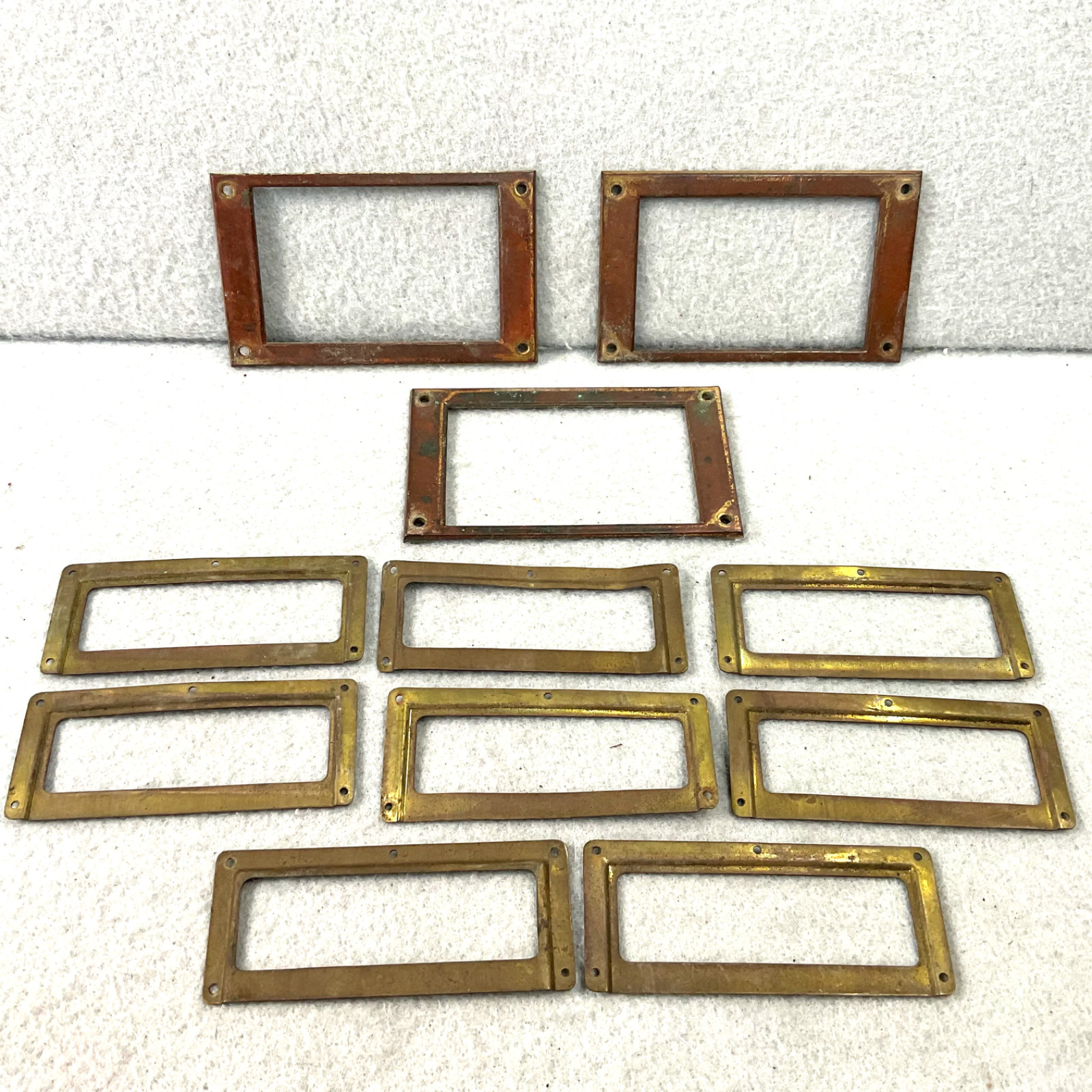 Vintage MCM Brass Label Holders Card File Drawer Pulls Hardware Lot of 11