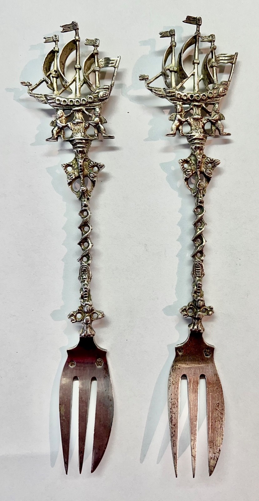 Pair Dutch silver figural handle Flying Dutchman Fluyt cargo ship pastry forks