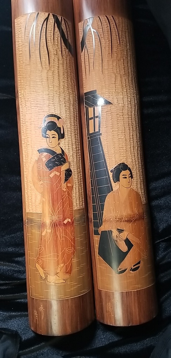 Japanese Hand Carved Bamboo Wall Art Pair Hanging Decor Signed 5″Wx26” Tall Vtg