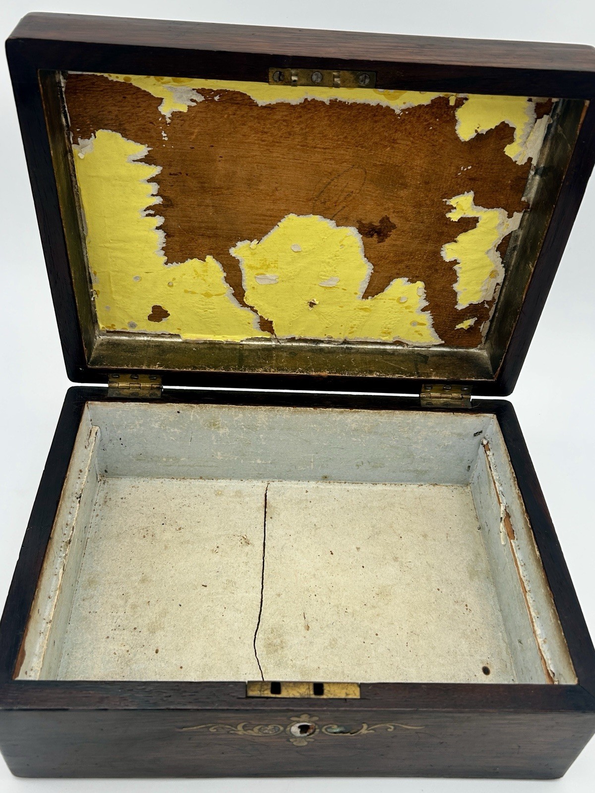 Antique Rosewood Inlaid Mother of Pearl Sewing Box Jewelry Trinket Chest
